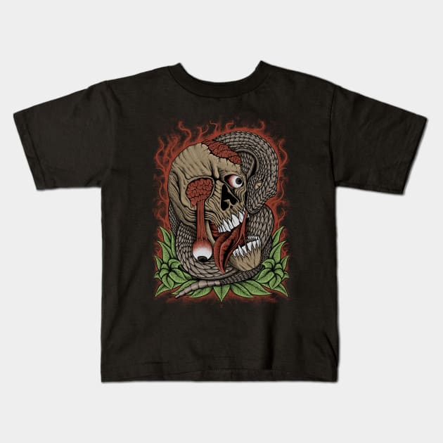 skull head and snake Kids T-Shirt by mazarnaart